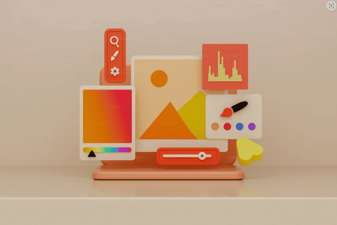 Illustration 3D colorée d’un écran d’ordinateur affichant des outils de design graphique, avec une palette de couleurs, un pinceau, un graphique et des icônes flottantes dans un style minimaliste et chaleureux.