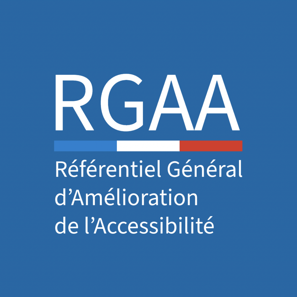 Logo du RGAA ur un fond bleu avec les lettres 'RGAA' en blanc. En dessous, une barre horizontale composée de trois segments : bleu, blanc et rouge. Sous la barre, on trouve le texte 'Référentiel Général d'Amélioration de l'Accessibilité' en blanc.